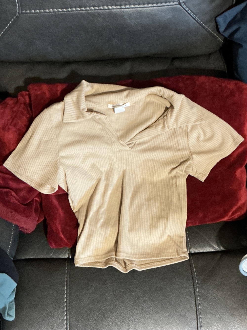 Caution To The Wind Beige Ribbed Polo Crop Top
